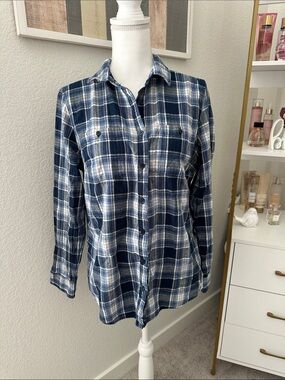 St. John's Bay Navy and White Plaid Button-Down Shirt with Gold Striping